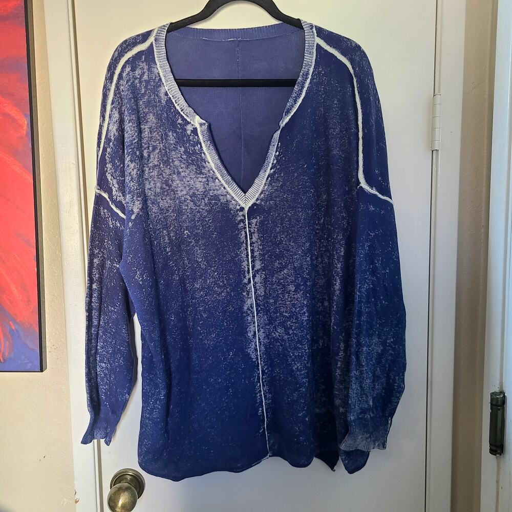 Sundance Women's Samantha V-Neck 100% Cotton Pullover Blue Sweater 3X Plus Size